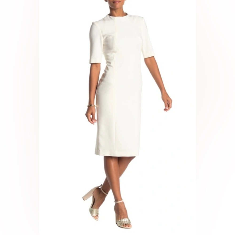 White Trina Turk Sheath Midi Aperitif Dress with Mock Neck and Short Sleeves